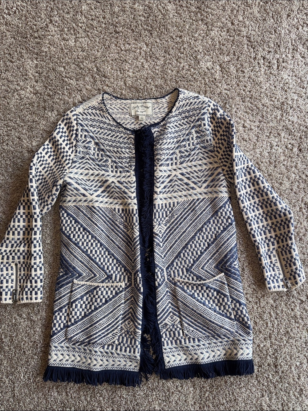 Lucky Brand navy and cream open cardigan size small w flaws**